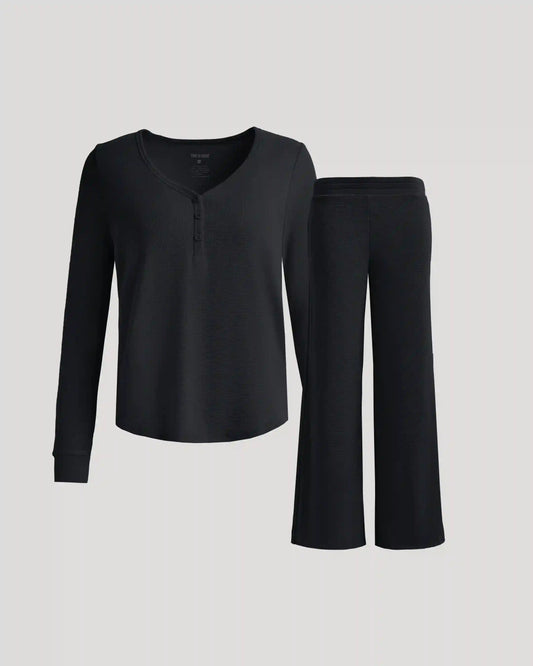 Womens Black Waffle Long Sleeve Henley & Waffle Leg Pant 2-Pack