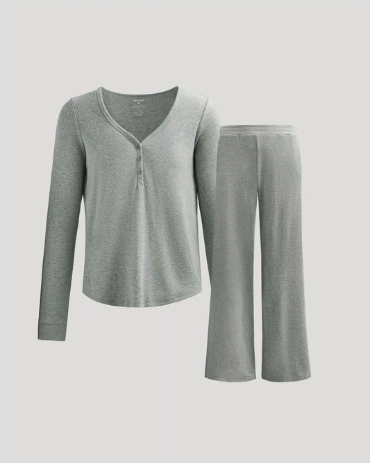 Womens Heather Gray Waffle Long Sleeve Henley & Waffle Leg Pant 2-Pack