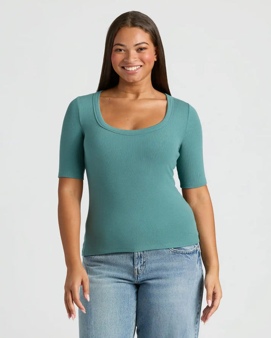 Womens Stormcloud  Ribbed 3/4 Sleeve Scoop Neck Tee